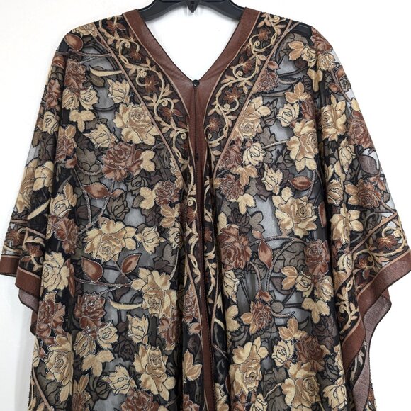UNBRANDED Kimono Women's OS Floral Brown Black Metallic Sheer‎ Buttons Fringe - Picture 5 of 16